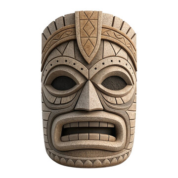 Stone Tiki Mask with Carved Features and Wide Mouth