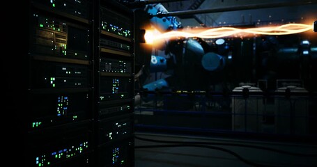 A high tech environment showcases vibrant server racks with blinking lights while a powerful burst of energy surges from an advanced robotic arm, igniting tension in a thrilling arena. - Powered by Adobe