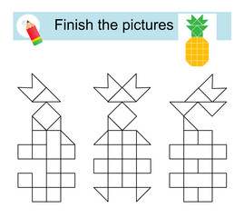 Activity for kids. Finish the pictures so that they all look the same. Cartoon ananas.