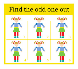  Attention task. Kids activity page. Cartoon dolls. Vector illustration.