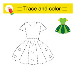 Trace and color for children. Preschool worksheet for practicing fine motor skills. Girl dress. 