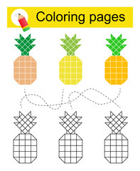Educational game for kids. Go through the maze and color a cartoon pineapple according to the pattern.