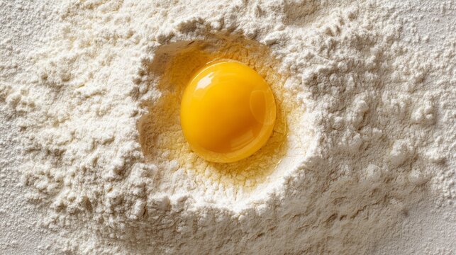 A bright yellow egg yolk rests in the center of a soft flour mound, signaling the start of a baking process with rich ingredients ready to create delicious treats