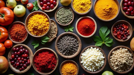 City market filled with spices, overhead top-down pattern shot