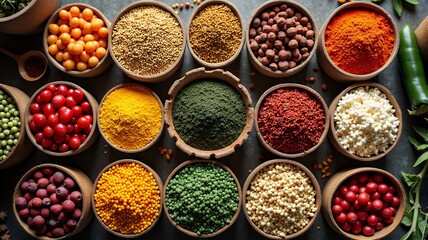 City market filled with spices, overhead top-down pattern shot