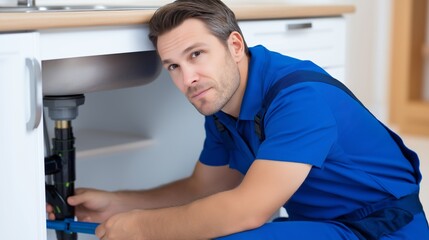 A skilled male plumber is focused intently on fixing a water pipe beneath the kitchen sink. Bright daylight shines in, highlighting the clean, modern kitchen. The atmosphere reflects professionalism