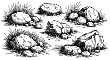 A set of vector drawings of various rocks and stones with grass for landscaping and nature scenes