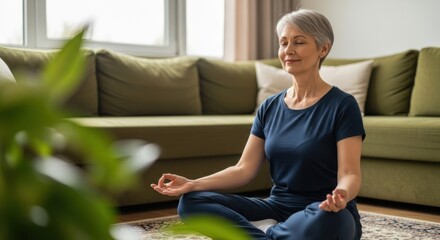 Mature woman with gray hair meditating in lotus position on the floor at home, practicing yoga and mindfulness for relaxation and wellbeing
