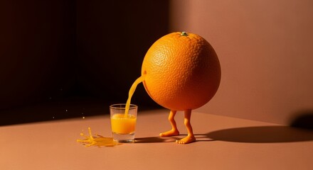 Whimsical Orange Juicing Itself in a Shot Glass with a Splash