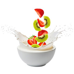 Fresh strawberries and kiwi slices splashing into creamy white yogurt in a bowl isolated on transparent background