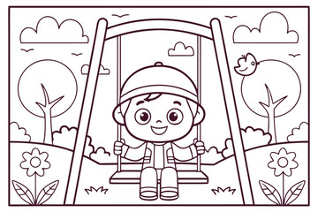 Obraz premium Cute cartoon boy on a swing in the park coloring page