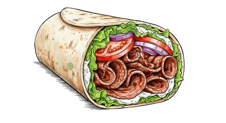 Deliciously prepared shawarma wrap with seasoned meat and fresh vegetables isolated on transparent background