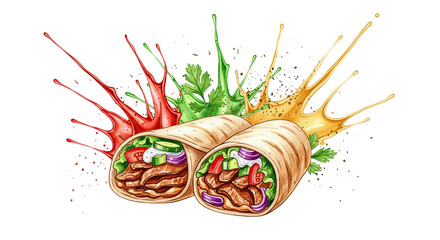 Deliciously prepared shawarma wraps with vibrant colorful sauce splashes isolated on transparent background