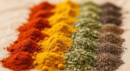A vibrant array of colorful spices arranged in neat rows