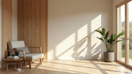 Nordic minimalist interior with natural wood and sunlight reflections