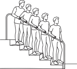 Conceptual line art illustration of a group of men descending a staircase in a single file line