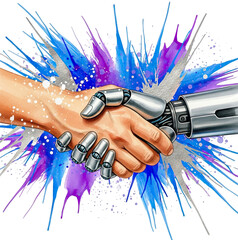 Human hand and robotic hand shaking in agreement with a vibrant splash of color isolated on transparent background