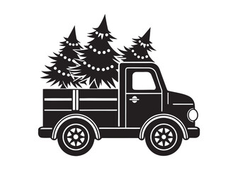 christmas truck logo silhouette vector, christmas car silhouette vector illustration, truck with christmas tree vector, christmas pickup truck logo silhouettes vector on white background