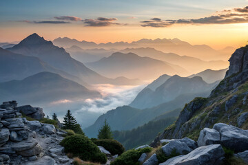 Misty Mountain Range at Sunset with Rocky Foreground and Orange Sky (81