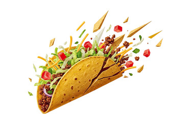 Deliciously messy taco exploding with fresh ingredients isolated on transparent background