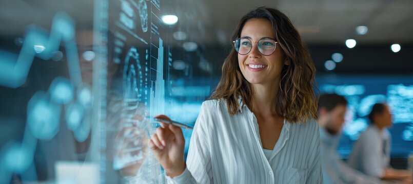 Businesswoman Presenting Data on Digital Whiteboard in Modern Office