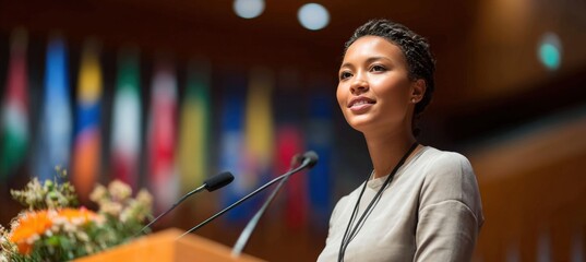 Confident Female CEO Delivering Annual Address in Professional Auditorium