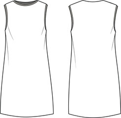 Minimal sleeveless shift dress flat sketch front and back view, simple fashion technical design template, casual apparel outline, CAD drawing flat vector illustration