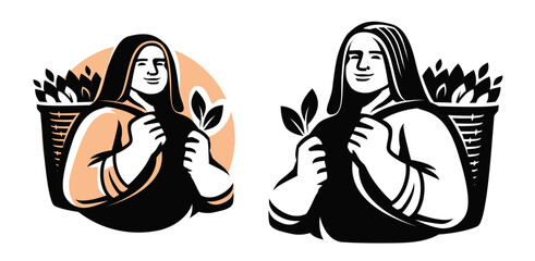 Young woman picking fresh tea leaves at plantation. Female farmer collects harvest into basket