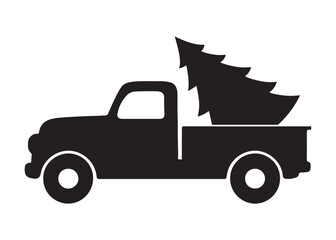 christmas truck logo silhouette vector, christmas car silhouette vector illustration, truck with christmas tree vector, christmas pickup truck logo silhouettes vector on white background