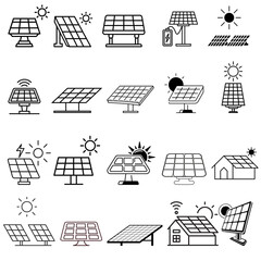 Solar Panel Icon Set for Renewable Energy, Electricity, Eco-Friendly Power, and Sustainable Innovation.