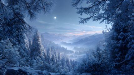 Enchanted winter landscape with frosted trees and moonlit sky