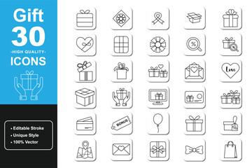 Minimalist gift icons 30 high quality outline set with editable stroke. Containing gift, birthday, voucher, love, heart, envelope, ballon and more. thin linear vector Icons.