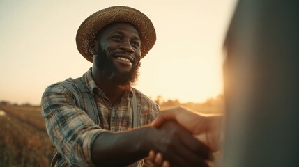 Farmer Greeting Partner with Handshake in Sunlit Countryside