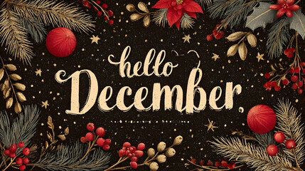 Elegant festive greeting card with handwritten text hello december for holiday celebrations