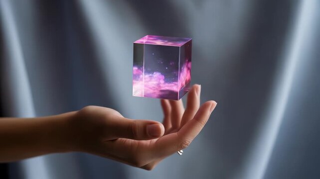 A hand reaching towards a glowing, suspended cube with a space-like interior