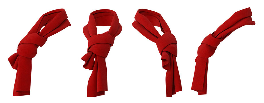 Red scarf isolated on white background in multiple angles, perfect for fashion designs