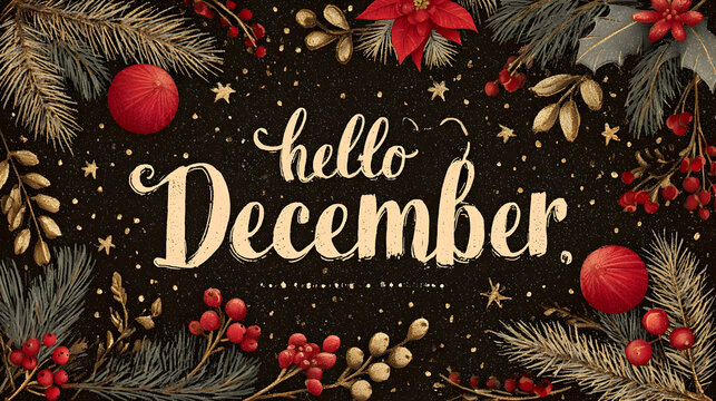 Elegant festive greeting card with handwritten text hello december for holiday celebrations - Powered by Adobe