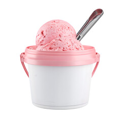 Delicious pink strawberry ice cream in a white tub with a spoon isolated on transparent background