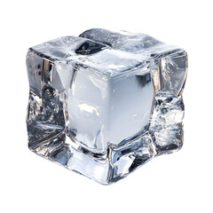 Close up of a single clear ice cube with frost and water droplets isolated on transparent background