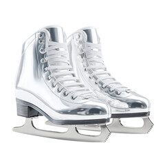 Pair of shiny silver ice skates with sharp blades isolated on transparent background