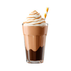 Delicious iced coffee drink with whipped cream and straw isolated on transparent background