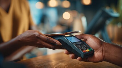 African Woman Using Smartphone for Contactless Payment in Elegant Setting