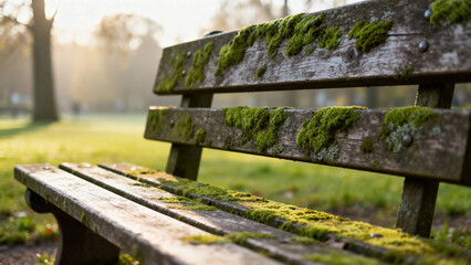 Naklejka premium Weathered park bench covered with green lichen in soft morning light