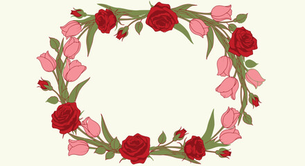 Romantic Floral Frame with Red Roses and Pink Tulips on Light Beige Background, Lovely and Natural