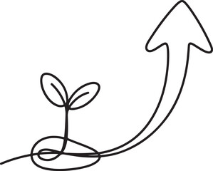 Continuous line drawing showing a plant sprout growing into an upward arrow, symbolizing progress, business development, and success