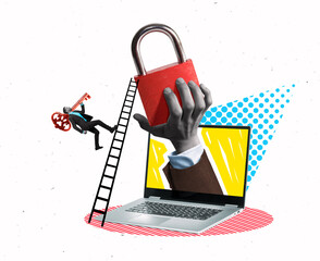 Creative collage with a hand holding a closed padlock emerging from a laptop and a ladder leaning...