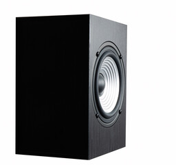 Obraz premium Subwoofer in a black wooden enclosure on a white isolated background for your design.