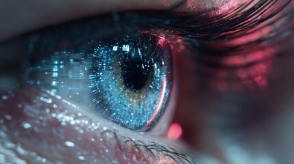 Futuristic Human Eye with Glowing Iris and Cyberpunk Neon Reflections