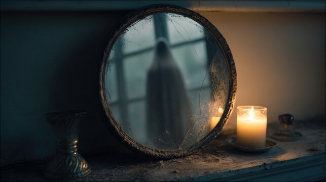 Eerie Reflection in Cracked Mirror with Candlelight and Ghostly Figure