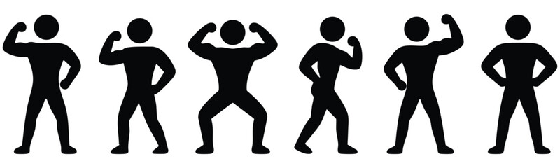  Stickman bodybuilding and muscle flexing, Fitness silhouette power pose icons, Strength training stick figure collection